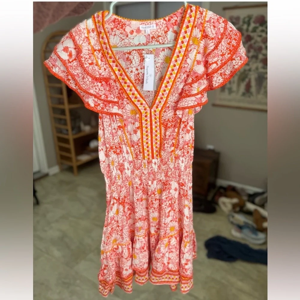 NWT Poupette St Barth Floral Boho Resort Mini Dress Pink Orange Camila - Picture 3 of 8